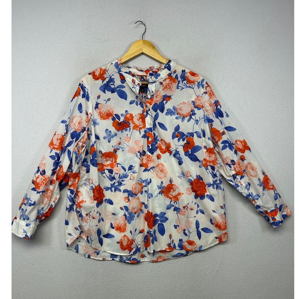 Cottagecore Floral Talbots Womens 2XP White Orange Blue Ruffle Henley Blouse